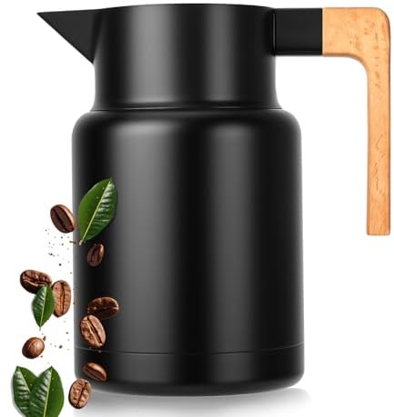 VINATO Thermoskanne 1,5L aus 304 Edelstahl – Isolierkanne als Teekanne ohne BPA mit Holzoptik Griff, Dicht für Kaffee, Tee und Milch, Kaffeekanne Thermo