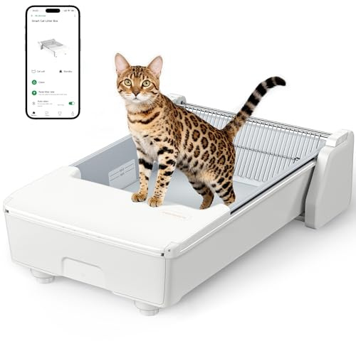 Selbstreinigende Katzentoilette mit App-Steuerung,3-Motor-System | Katzenklo für Mehrere Katzen, Doppelrechen,Anti-Pinch-Sicherheitsfunktion,Geruchskontrolle