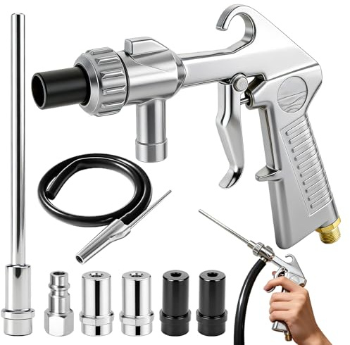 Sandstrahlpistole Druckluft Set mit Langer Sandstrahldüse & Metalldüsen von 5MM/6MM Kaliber, Sandstrahlen Pistole Kit mit Siphon-Zufuhr 1M Langem Gummischlauch und Luftanschlussnippel für Sandstrahlen