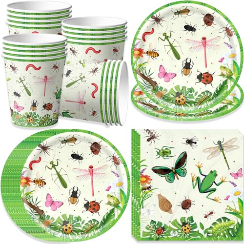 pekifaves Insekten Partygeschirr Set, Natur Insekt Party Dekorationen | Bug Pappteller Tassen Servietten für Klasse Garten Baby Dusche Frühling Sommer Safari Schmetterling Kinder Geburtstag