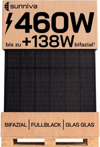 SUNNIVA® Solarpanel, 1x 460 W, FULL BLACK, Bifazial, Glas-Glas, N-Type Solarmodul, PV Module Solarpanel, PMax 460W (1x460W), für Balkonkraftwerk Solaranlage PV Panel Photovoltaik Solar Komplettanlage