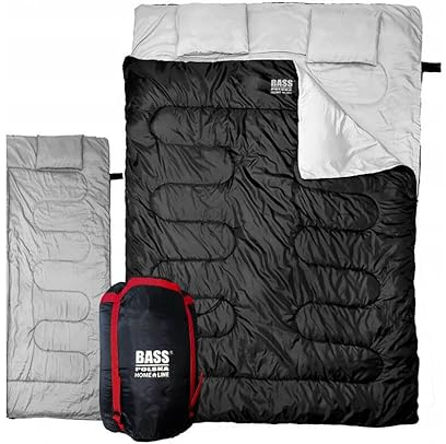 Bass Polska dubbel sovsäck 220 x 150 cm, 2-i-1-system, svart, med 2 kuddar, delbar i 2 enkelsovsäckar, vattenavvisande, vindtät, för 2 personer
