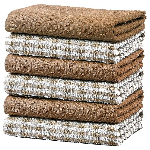 Olivia Rocco 100% Cotton Ascot Check Terry Tea Towels for Kitchen Pack of 6 Super Absorbent Dish Cloth Towel for Drying & Cleaning Household Essentials, Natural- 6 PK