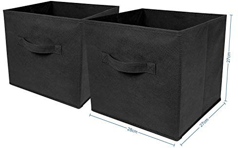 Set of 2 Large Foldable Square Storage Cubes, Fabric Organiser Canvas Cube Boxes Collapsible for Home, Bedroom, Nursery Office, Playroom Toys, 28 x 28 x 28 cm (Black)