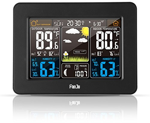 FanJu FJ3365B Station météo numérique couleur avec alerte et température/humidité/baromètre/alarme/phase lunaire/horloge météo avec capteur extérieur
