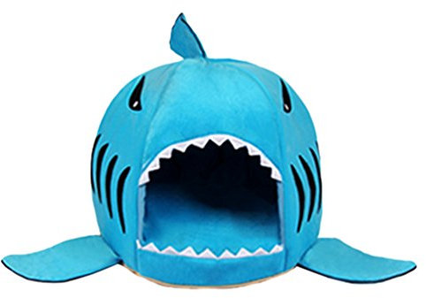 LvRao 2 in 1 Hundehöhle, Hundehaus Katzen Hai Geformt Haustier Haus, Iglu-Bett, Hundetasche Faltbar Hundematte (Blau, 42 * 42 * 42CM)