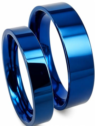 Everstone Titan Eheringe Set Partnerringe Blau Hochglanz Poliert Flach 4mm & 6mm