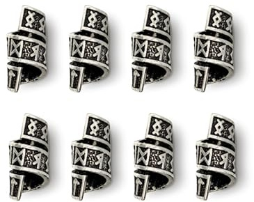 Norse Tradesman Rune Beard Bead Coils (8-Pack) - Viking Hair Jewelry for Beards, Hair and Dreadlocks Silver and Black