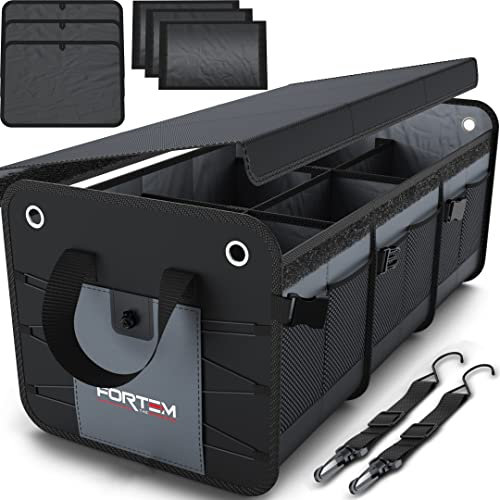 FORTEM Kofferraum Organizer, Kofferraumtasche, Zusammenklappbarer Auto Organizer Kofferraum mit Fächern, Rutschfester Boden, Verstellbare Sicherungsriemen, Klappbarer Deckel (Grau, Extragroß)