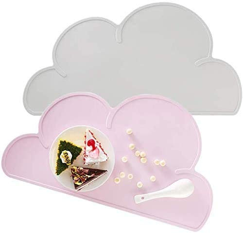 LKCELL Tischset Kinder Platzset Abwaschbare Silikonmatten 2 Stück Tischset platzdeckchen Wolke Form Abwaschbar rutschfeste Silikon Tragbar Wasserdichtes Kinder Platzset Teller Set, Grau und Rosa
