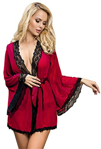 comeondear Sexy Lingerie for Women Sets Plus Size Mesh Kimono Babydoll Chemise Soft Lace Nightwear Flared Sleeves Robe Dressing Gown with G-String Red, UK 12 14
