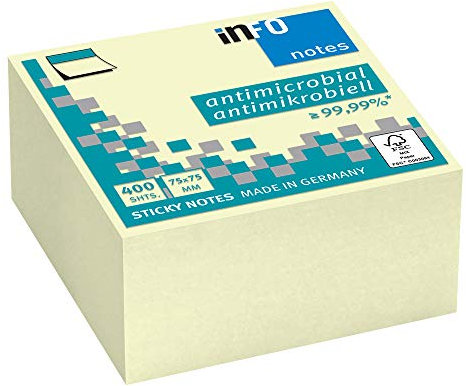 inFO Notes Haftnotizwürfel mit antimikrobieller/antibakterieller Ausrüstung, pastell gelb, 75 x 75 mm, 400 Blatt pro Würfel, FSC-zertifiziert