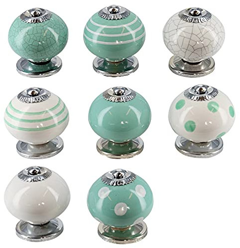 G Decor Green and White Handmade Assorted Designs Ceramic Door Knobs, Vintage, Shabby Chic, Interior Furniture, Cabinet Cupboard Drawers Pulls Handles (8-Pack)