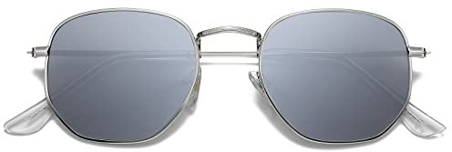 H HELMUT JUST Sonnenbrille Herren und Damen Sechseckige Retro Polarisierte Metall Sonnenbrille Anti-Reflektierend Silber
