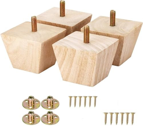 Armchai Lot de 4 pieds de meubles carrés en bois massif de 5,1 cm de haut, pieds de meubles de rechange M8 avec boulon pré-percé, plaque de montage et vis pour canapé et canapé