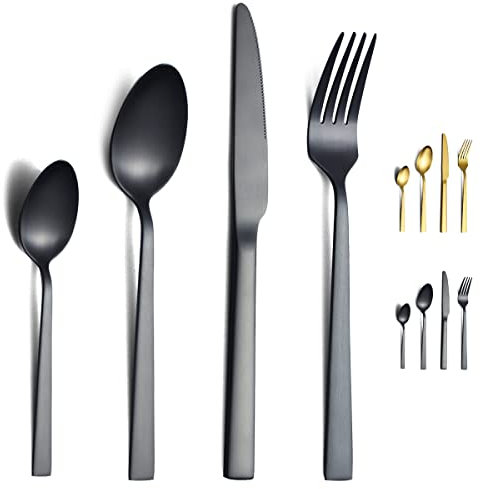 Matte Black Cutlery Set 24 Pieces,Kyraton Titanium Black Plated Stainless Steel Cutlery Set, Flatware Set Silverware Sets with Knife Spoon Fork Service for 6