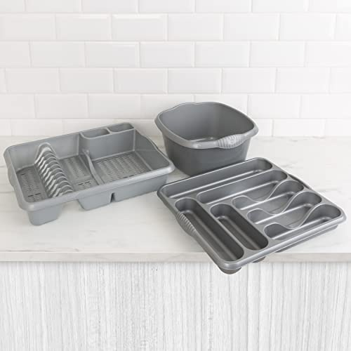 Wham 3 Piece Casa Plastic Kitchen Set Silver (38cm Rectangular Bowl, Large Cutlery Tray & Large Dish Drainer)