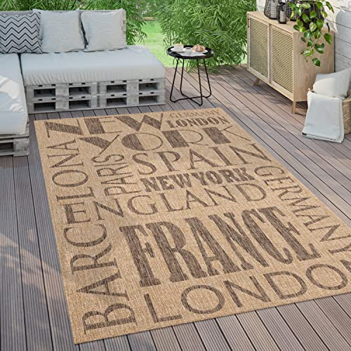 Paco Home Outdoor Teppich Wetterfest Wohnzimmer Balkon Küchenteppich Modernes Muster Mit Schriftzug, Grösse:160x220 cm, Farbe:Beige
