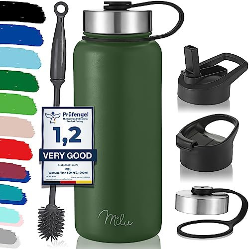 Milu Bouteille en acier inoxydable 500ml, 750ml, 1000ml (+3 couvercles) - Bouteille thermo avec paille, bouteille d'eau, pour boissons chaudes, froides et gazeuses (Vert olive, 1000ml)