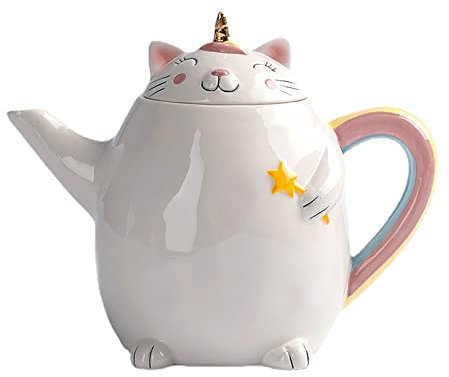 Cat Teapot, Ceramic Teapot with Rainbow Coloured Handle, Cute Cat Shaped Teapot, Novelty Kettle