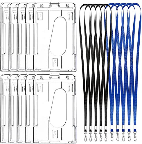 RUIJIE Porte-Badge 10 Pièces Porte-Cartes d'identité en Plastique Rigide Porte Badge Double Carte Porte Carte Vertical Horizontal avec 10 Cordon & 2 Fente Transparente pour Carte de Visite Carte Bus