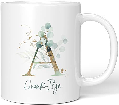JUNIWORDS Tasse, Anouk-Ilja, Name Anfangsbuchstabe Initial Alphabet Floral Buchstabe A Monogramm Motiv, Weiß (5435073)