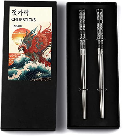 Hagary Phoenix - Bacchette nere in metallo, riutilizzabili, progettate in Corea in stile giapponese, in acciaio inox 316 18/10, antiscivolo, lavabili in lavastoviglie, incise al laser, 2 paia