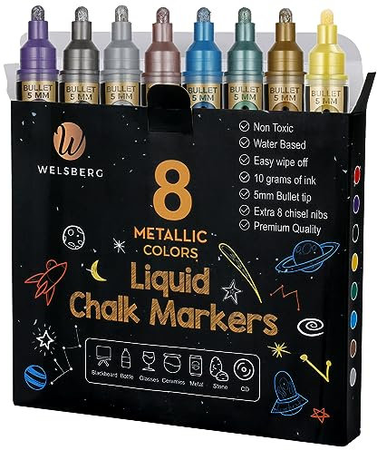 welsberg 8 Rotuladores de tiza líquida de colores metálicos, Plumas de tiza líquida borrables, punta de 5 mm, para pizarra, ventanas, vidrio con tinta jumbo, 10 gramos