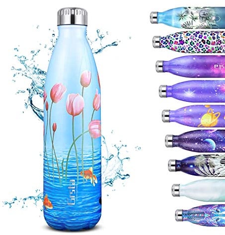 Grsta Stainless Steel Insulated Water Bottle 500ml, Metal Water Bottle, Vacuum BPA Free Leakproof Flasks, Sports Bottle for Christmas Gift, Adult, Hiking, Cycling, Blue-lotus