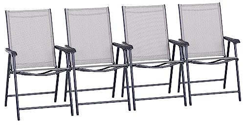 Outsunny Set of 4 Folding Garden Chairs, Metal Frame Garden Chairs Outdoor Patio Park Dining Seat with Breathable Mesh Seat, Grey