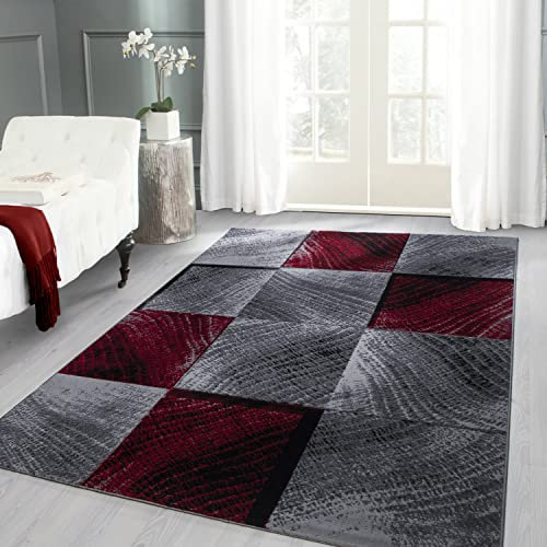 Carpettex Teppich Wohnzimmer Kurzflor 140 x 200 cm Rot Modern Kariert Design -Teppich Schlafzimmer Flauschig Extra Weich Waschbar Küchenteppich Teppich Esszimmer Kinderzimmer Wohnzimmerteppich