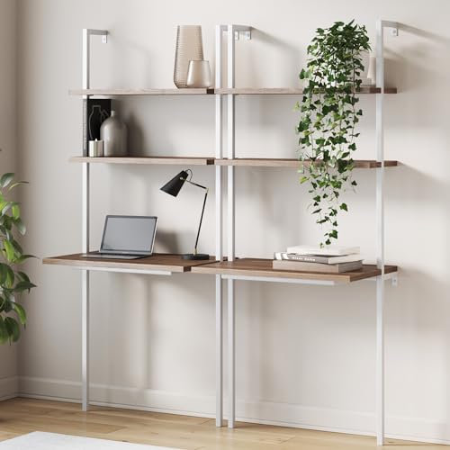 Nathan James Theo 2-Shelf Industrial Wall Mount Ladder Small Computer or Writing Desk, 20 D x 30 W x 73 H, Rustic Oak/White - Set of 2