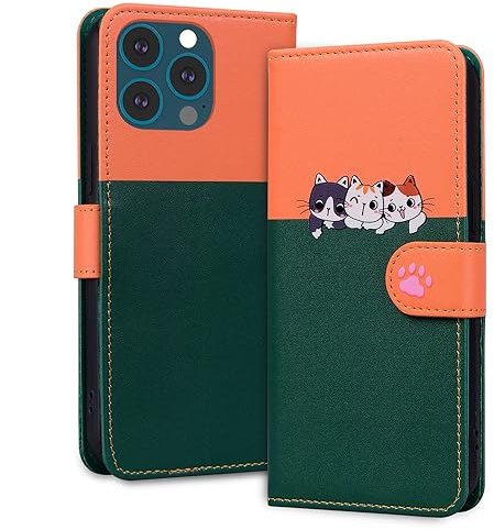 Tiyoo Lovely & Cute Flip Wallet Phone Case for iphone 13 Pro Max with Cartoon Cat&Dog Pattern,Premium Magnetic PU+TPU Leather for high protection Phone Cover for iphone 13Pro Max(Dark Green&Orange)