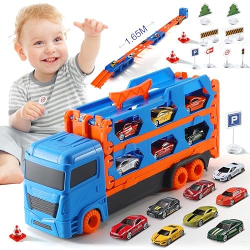 Transport Truck Toy Cars Set Age 3+ ,Best Gift for Kids,Boys and Girls Aged 3 4 5 6 with Race Cars and road signs, Folding Storage, 2 Ejection Race Track, Carrier Vehicles Toys