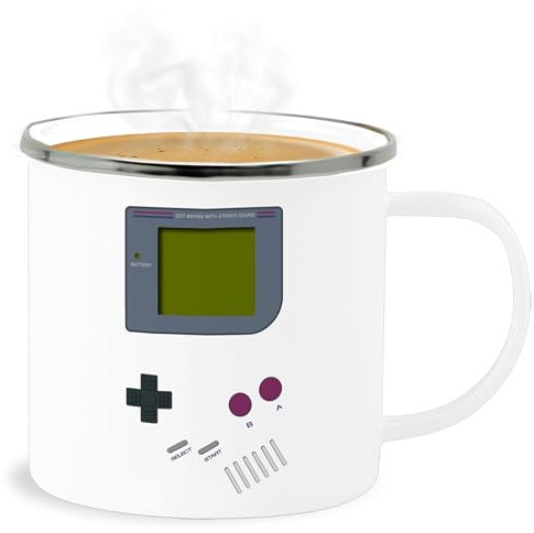 Emaille Becher Blechbecher - Karneval & Fasching - Tassen - Gameboy - 300 ml - Weiß Silber - nerd tasse fasnets geeks karnelval gamer rosenmontag 90ger fastnacht nerds karneval& 90 er faschings-
