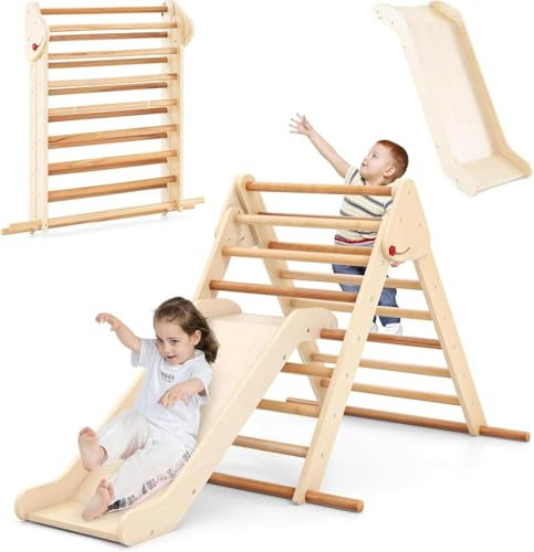 Climbing Frame for Toddlers, 3 in 1 Foldable Wooden Indoor Climbing Pikler Montessori Set with with Ramp Slide, Baby Playground Jungle Gym Climber Toys for Kids (Natural)