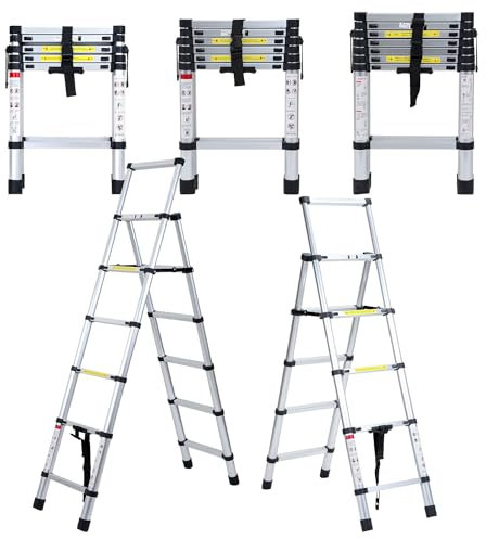Fiqops 1,4m+1,7m Teleskopleiter aus Aluminium, 4+5 Stufen Klappleiter A-Rahmen Mehrzweckleiter Stehleiter, Ausziehleiter Trittleiter Leiter für Dachreparaturen