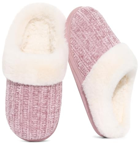 Evshine Women's Warm Chenille Knit House Slippers Comfy Memory Foam Winter Slippers with Faux Fur Collar and Indoor Outdoor Soles Pink, 40-41 (Size 8-8.5)