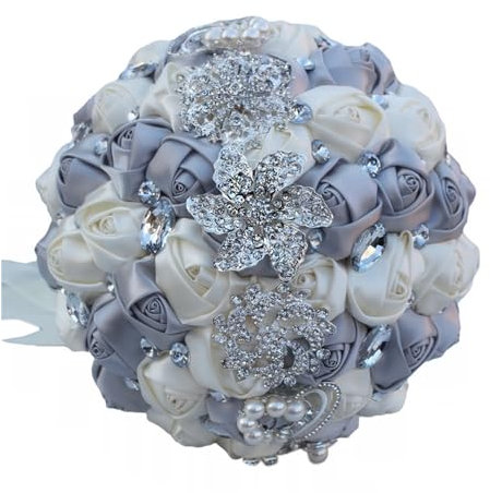 Fasksh Bouquet da sposa in cristallo rosso spilla bouquet da sposa quinceanera bouquet da sposa fiori bouquet da sposa (colore: bianco argento)