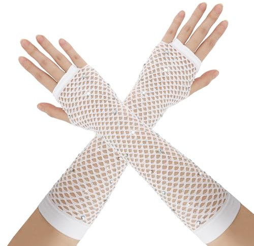 Netzhandschuhe,Fingerlose Handschuhe,Handschuhe Ohne Finger,Fingerlose Handschuhe Damen,Scene Clothes,Halloween Gloves,Rhinestone Fishnet Long Gloves,Fingerlose Netzhandschuhe,Netzhandschuhe Weiß