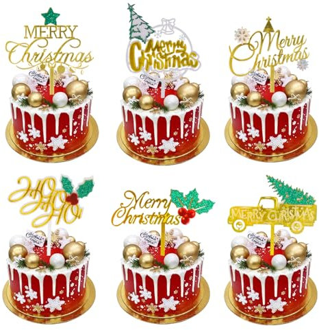 DERAYEE Merry Christmas Cake Decoration, 6 Pack Christmas Cake Topper Acrylic Cake Toppers Gold Cake Decoration for Xmas Party Supplies