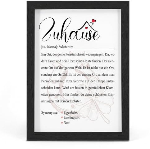 DIN A4 Poster Kunstdruck Definition Zuhause inkl. Rahmen, Einzugsgeschenke Haus Einzugsgeschenke Wohnung Einweihungsgeschenk für Wohnung Familie Freunde für Wohnzimmer Schlafzimmer Esszimmer Flur