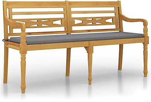 HETFTJN Sitzbank Schlafzimmer Balkon Lounge Klein Bierbank Garderobenbank - Batavia-Bank mit Grauem Kissen 150 cm Massivholz Teak für Garten Terrassen Park Balkon