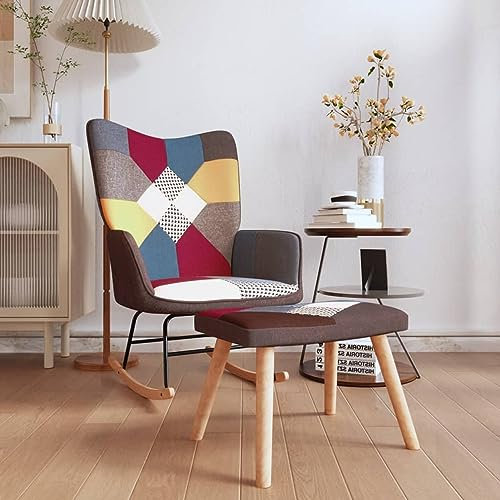 Sufrk Schaukelstuhl mit Hocker Patchwork Stoff Relaxstuhl Schaukelsessel Relaxliege Wohnzimmer - 328192