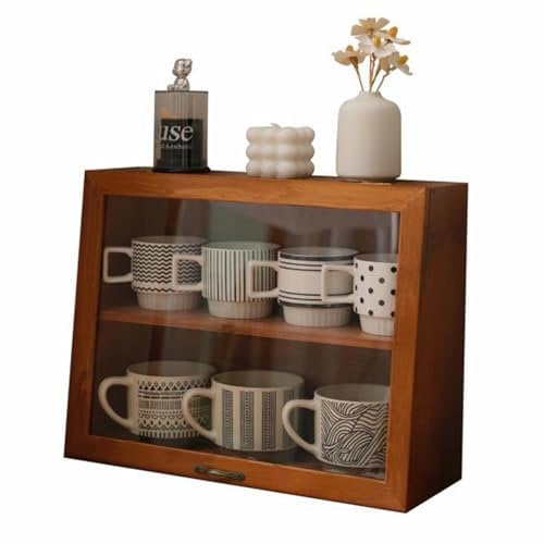 Wood Mug Holder Small Wooden Display Cabinets, 2 Tier Countertop Cabinet Self-Assembly, Bread Bins, Table Top Storage Cabinet, Coffee Bar Organizer, Mug Cup Organizer, Mug Storage for Kitchen