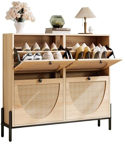 IRONCK Rattan Shoe Cabinet Storage with 4 Flip Drawers, Oak | Freestanding Shoe Storage Organizer Cabinet for Entryway, Narrow Shoe Rack Cabinet
