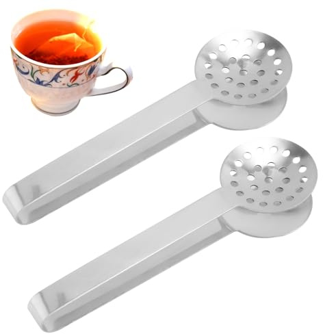 2pcs Stainless Steel Tea Bag Squeezer Tongs, Premium Metal Teabag Strainers Multi-Use Practical Spoon Clip Filters Accessories Supplies for Drinkers Lovers Gifts (Silver)