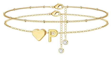 TINGN Fußkettchen für Damen, 14K Gold Vergoldet Herz Buchstaben Fußkettchen Kinder Mädchen Fussketten für Frauen Wasserfest Sommer Strand Fußschmuck Mehrreihige Fußkette Geschenke für Frauen Freundin