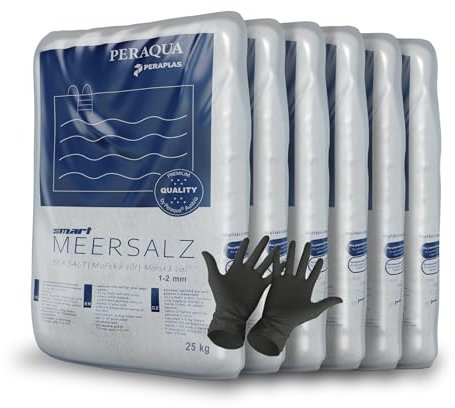 Peraplas Poolsalz 150 kg aus Meersalz, Schwimmbadsalz, Regeneriersalz, Chlorinator geeignet, Salzelektrolyse, Siedesalz inklusiv 1 Paar ARNOMED Einweghandschuh