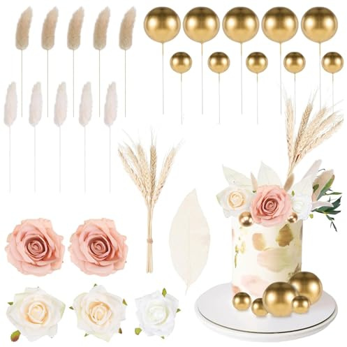 35 Stk Tortendeko Blumen - Boho Kuchendekorationsset, Cake Topper Geburtstag, Magnolienblätter, Schweif Gras, Getrocknete Blumenstrauß Bälle Wiederverwendbare DekoTorte für Geburtstags Hochzeitsfeiern
